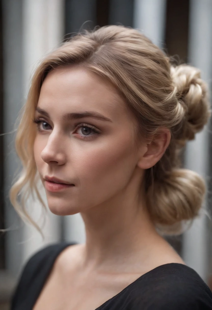 an eye contact of a blond with bun hair and dark theme