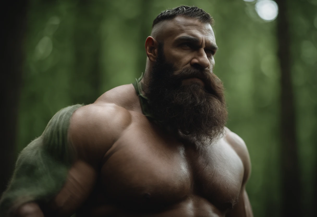 muscle orc man, very long beard, green skin, beefy, muscular, very strong, huge muscles, enormous, wide, very hairy body, hairy chest, manly, muscular, naked, loincloth, big tusks