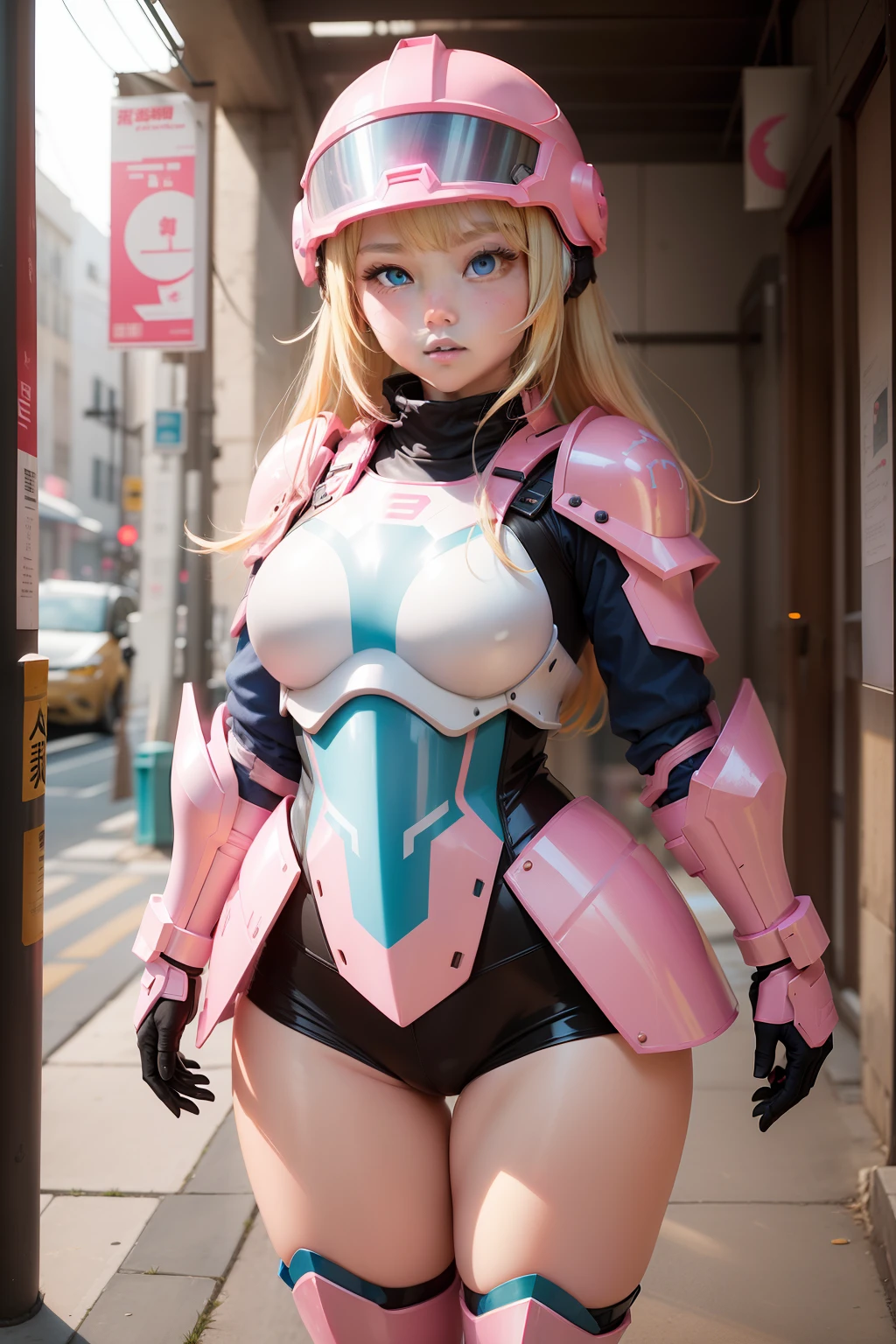 a beauty girl、、Blonde blue-eyed、plump、Muchimuchi、Plump、Fluorescent pink armored soldier cosplay、Fluorescent pink helmet on the head、Fluorescent pink armor on the legs、Fluorescent pink armor looks like it will pop
