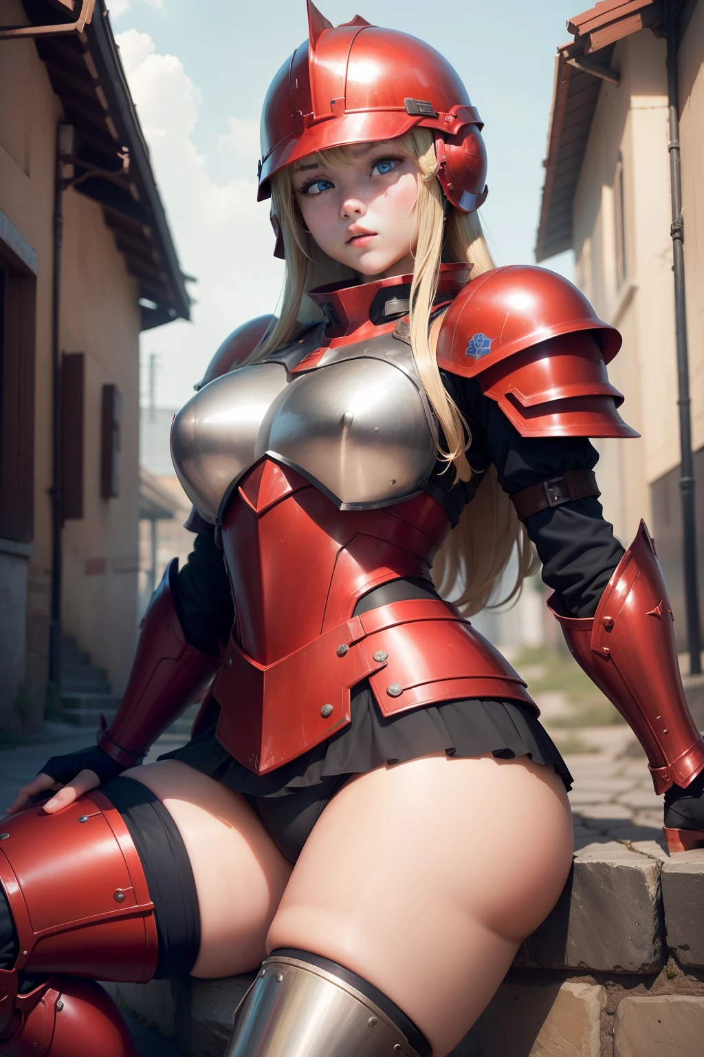 a beauty girl、a junior high school student、Blonde blue-eyed、plump、Muchimuchi、Plump、Red Armoured Soldier Cosplay、Red helmet on the head、Red armor on the legs、Red armor is about to pop