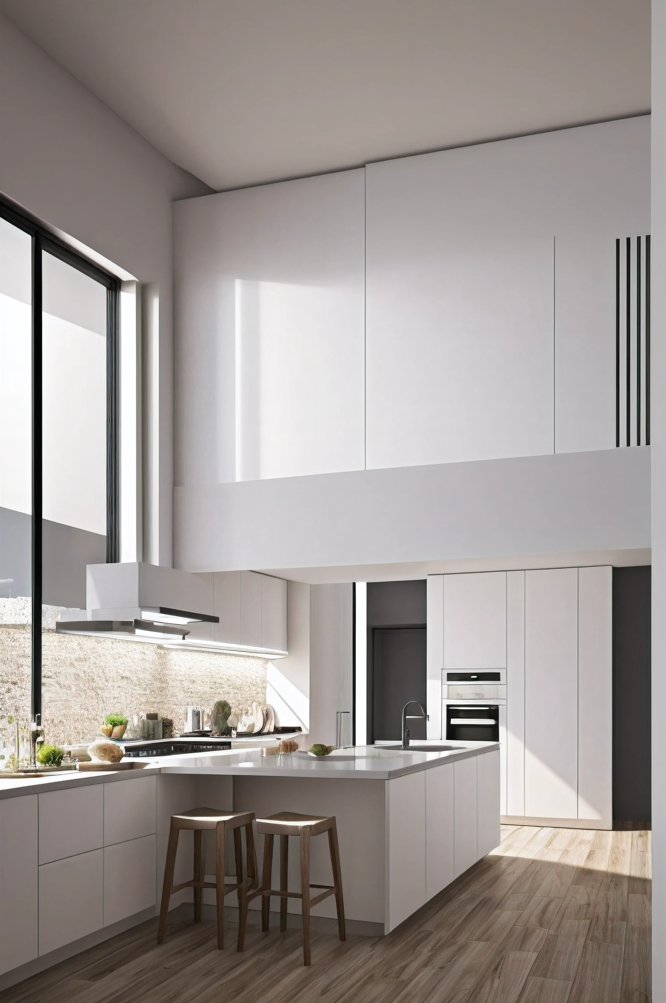 hiperrealismo, de una mueble de cocina, en primer plano, en el fondo se observa el ambiente de cocina, sobre la mesa de cosina no hay nada, esta limpia de objetos, hiperrealista, ultrarrealismo, Detalles realistas.