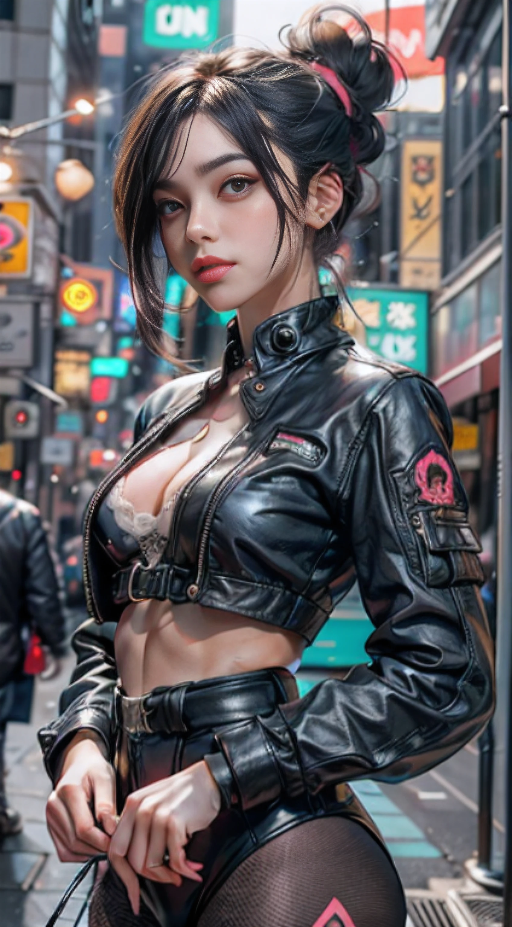 3840x2160p master piece, best quality, 8k, , 1 garota cyberpunk vestindo roupa cyberpunk inspirada em Harajuku, standing in street, bold colors and patterns, Attractive accessories, penteado moderno e inovador, deslumbrante paisagem urbana de Cyberpunk, skyscrapers, neon signs, luzes led, esquema de cores vivas e brilhantes, anime, illustration, Textura detalhada da pele, textura de pano detalhada, Rosto bonito e detalhado, detalhes intrincados, ultra detalhado, Cinematic lighting, sombras escuras. 3840x2160