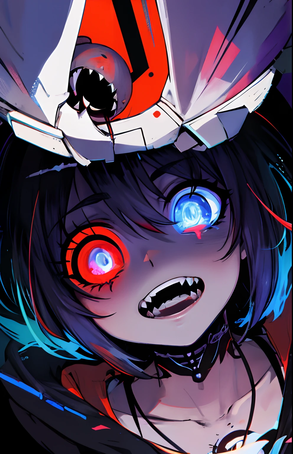(Obra maestra, La mejor calidad),Closeup, fondo, colores vibrantes, highest qualityr, Detalles asombrosos, Arte lineal, De color azul, blanco, negro, rojo, oscuro, Cosmic Terror, horror, cuerpo completo, miedo, enojada, horror, terror, dientes puntiagudos, espacio, sombra realista,error en la matrix,