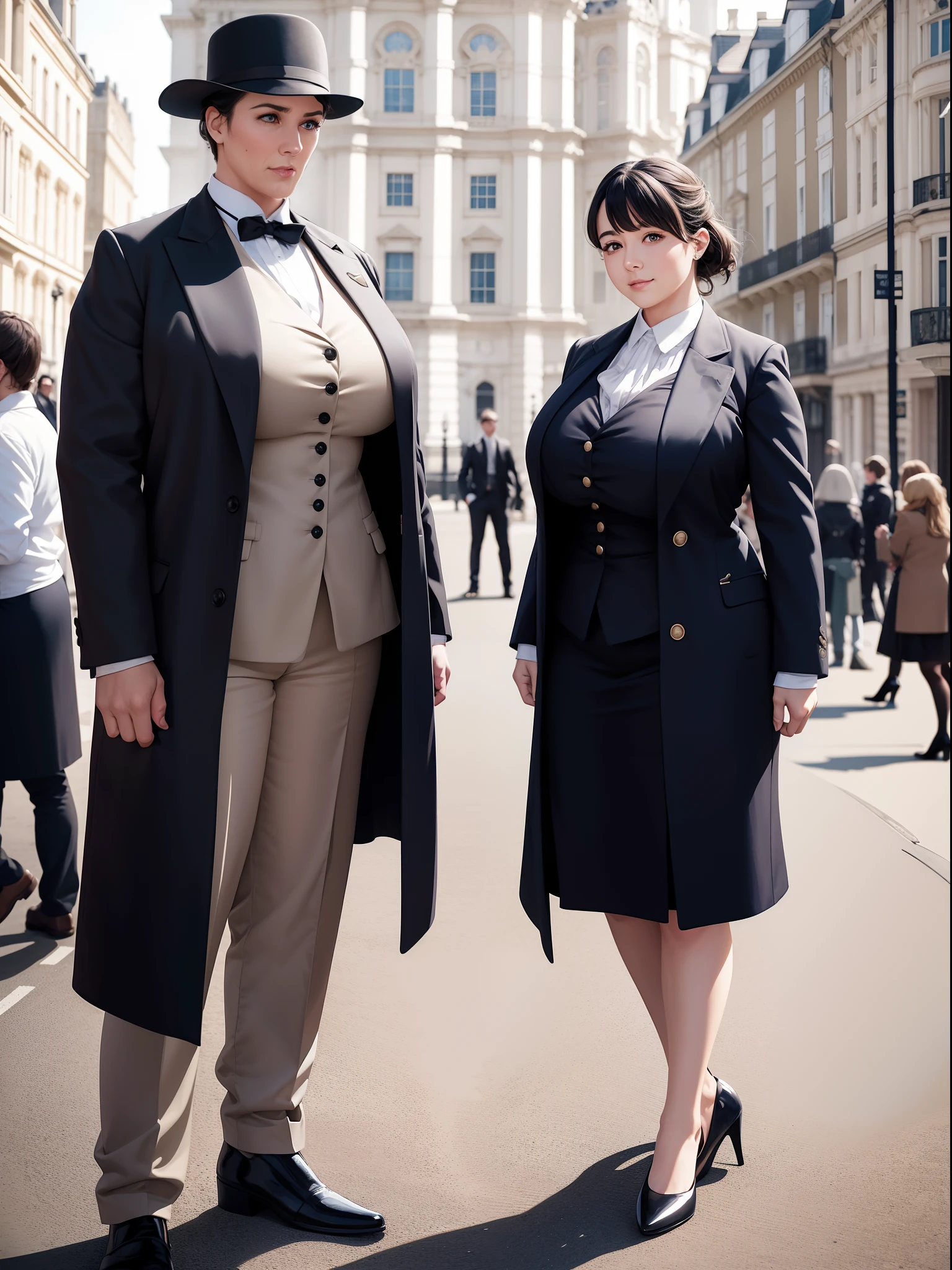 Sherlock Holmes lady & Watson lady: Two ladies dive into the world of deduction and adventure, infiltrating the hideout of villains. Baker Street, London,Sherlock lady with huge breasts, dressed in a brown color check patern frock coat and check patern hat, stands side by side with Watson lady with huge huge huge breasts, wearing a white formal suit. Gentle elegance and wild smile amidst wind-blown mist, as they ponder mystery's secrets,real background of Victorian-era London,masterpiece.