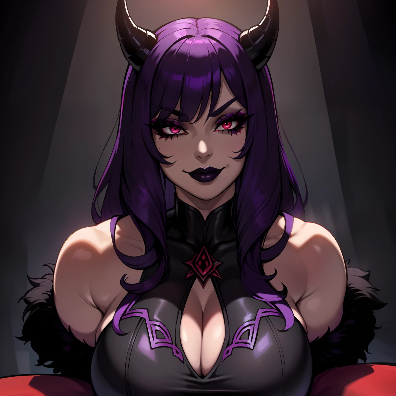 best quality,ultra-detailed,portraits,thicc mature succubus with purple hair,red eyes,wearing black and red sexy fur-lined dress,wearing black lipstick,sultry smirk,deviant look in her eyes,vivid colors,studio lighting,soft shadows, muscular