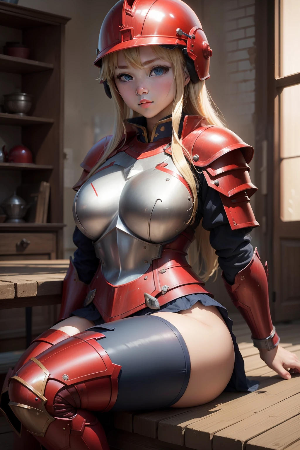 a beauty girl、elementary student、Blonde blue-eyed、plump、Muchimuchi、Plump、Red Armoured Soldier Cosplay、Red helmet on the head、Red armor on the legs、Red armor is about to pop