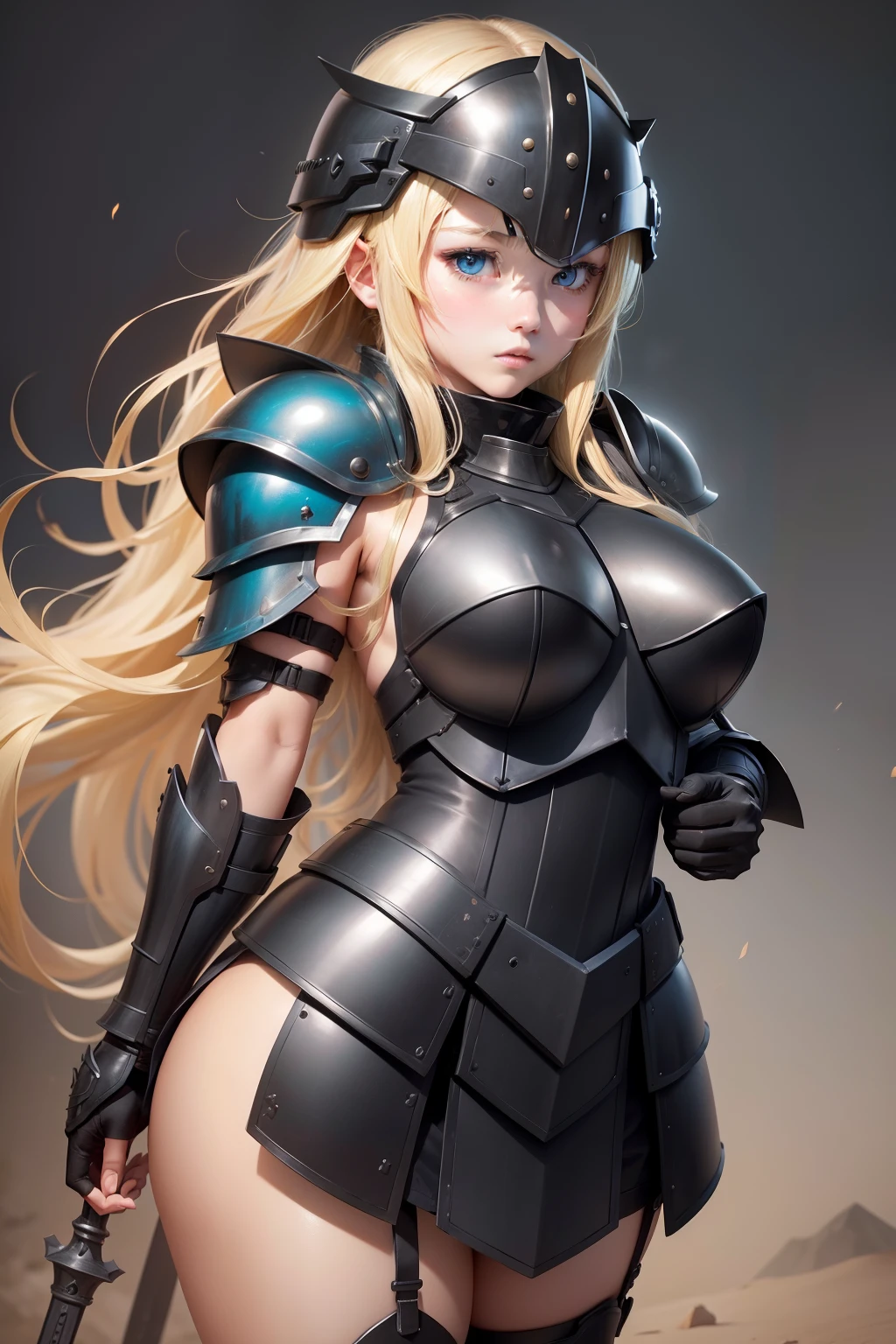 a beauty girl、a 、Blonde blue-eyed、plump、Muchimuchi、Plump、Black Armoured Soldier Cosplay、Black helmet on the head、Black armor on the legs、Black armor is about to pop