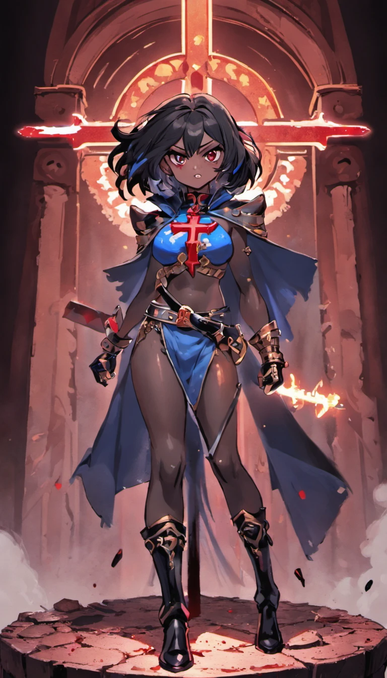 **Connie Maheswaran, Exalted Knight uniform. Azure short elbow-length cape, pants, and robe with a black cross-like cloth piece trimmed with red, golden buttons covering their lower chest and reaching their knees. Azure fingerless gloves and matching boots. Her plate belt buckle with the word 'Valor' engraved on it. Usually so bright, now stained with grime, dust and blood,crucified on a makeshift cross of rubble and metal. Her blade through her stomach, pipes through palms and knees, pipe bent around her neck forcing her to look forward as blood ran for her lips:3 guilty gear, Steven universe, masterpiece, ultra-detailed, best quality