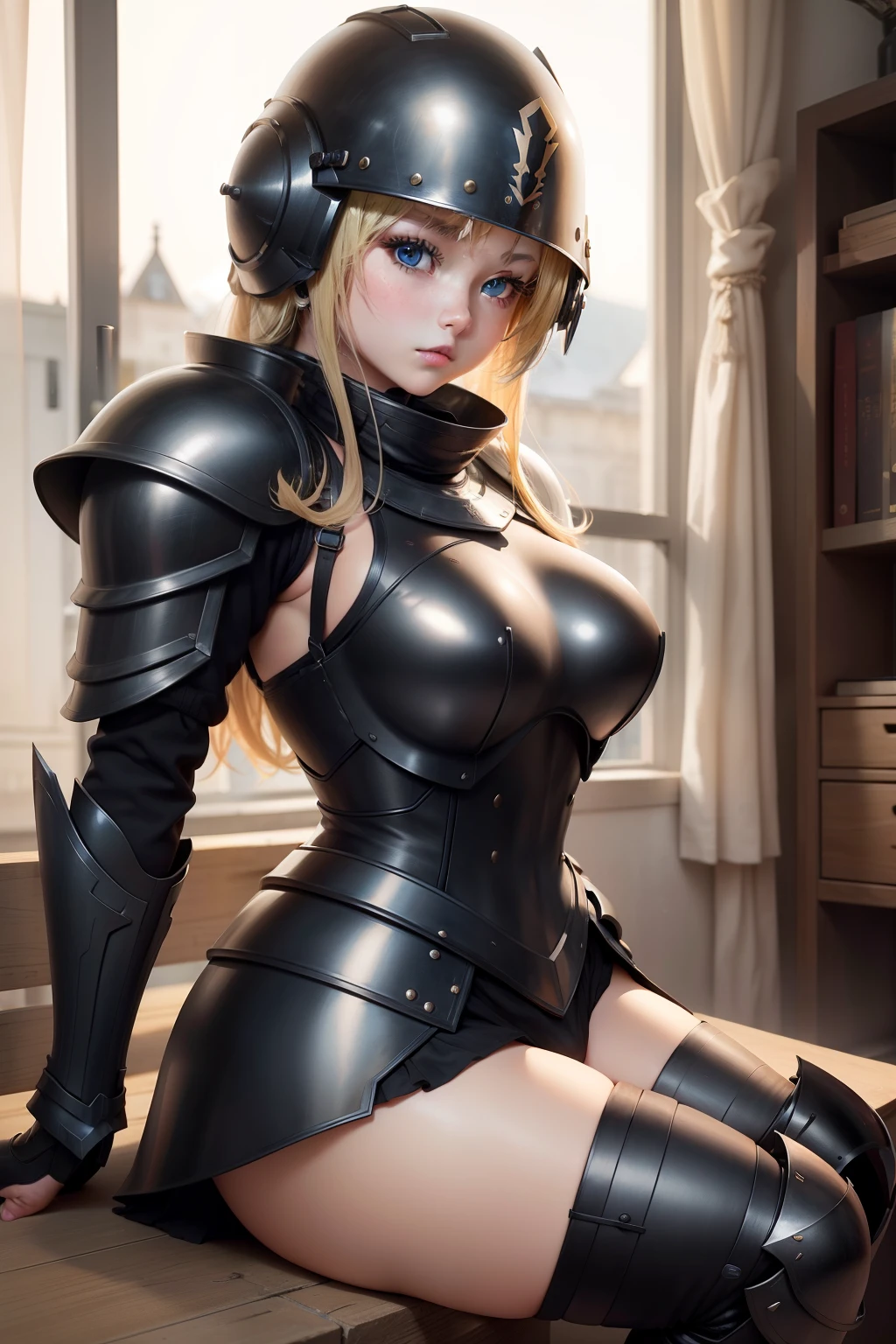 a beauty girl、、Blonde blue-eyed、plump、Muchimuchi、Plump、Black Armoured Soldier Cosplay、Black helmet on the head、Black armor on the legs、Black armor is about to pop