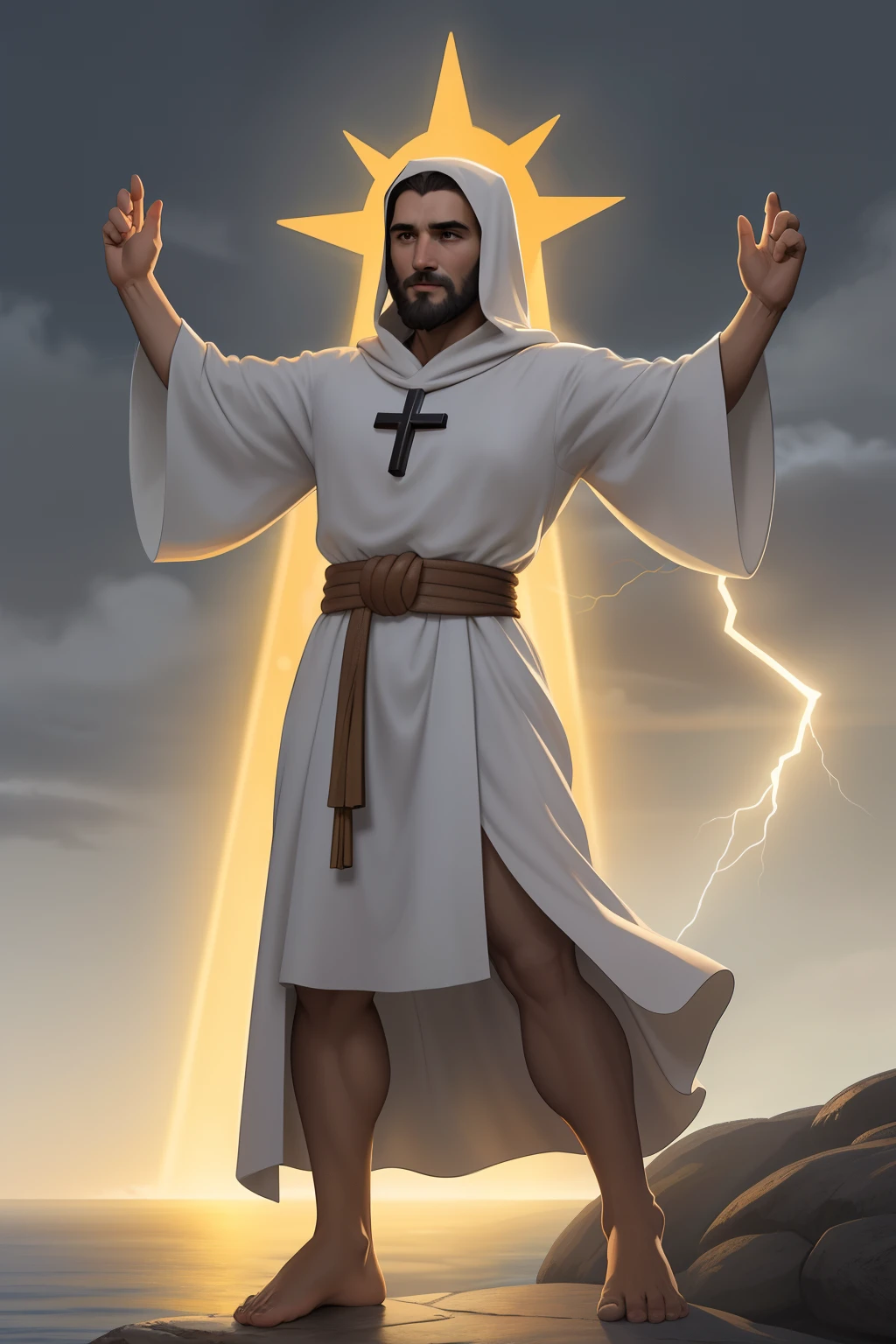 um homem negro Moreno ReiJesus Cristo, behind a cross in the background at the bottom of the image appears a cross, Phoenix Jesus, Moreno, de cabelo afro cabelo caindo para frente, Rasta type but braided,tiro de corpo inteiro, Olhos firmes, olhando para frente, Lightning in the sky, arms extended, olhando para frente, parado no topo de uma montanha, manto e capa vermelhos, cruz brilhante no a , Perfect Summoning Body, barefoot, Levitando, Hooded robes and arms raised on a broken earth;, luz de lava brilhante de baixo do campo de asteroides (rochas irregulares, pedregulhos e detritos disparando para o com , 4K realista com penas laranjas, Cosmic Blue. with a serious expression and looking forward, corpo inteiro. uma co com seios lindos corpo perfeito, is beautiful a destination with ,vario expression