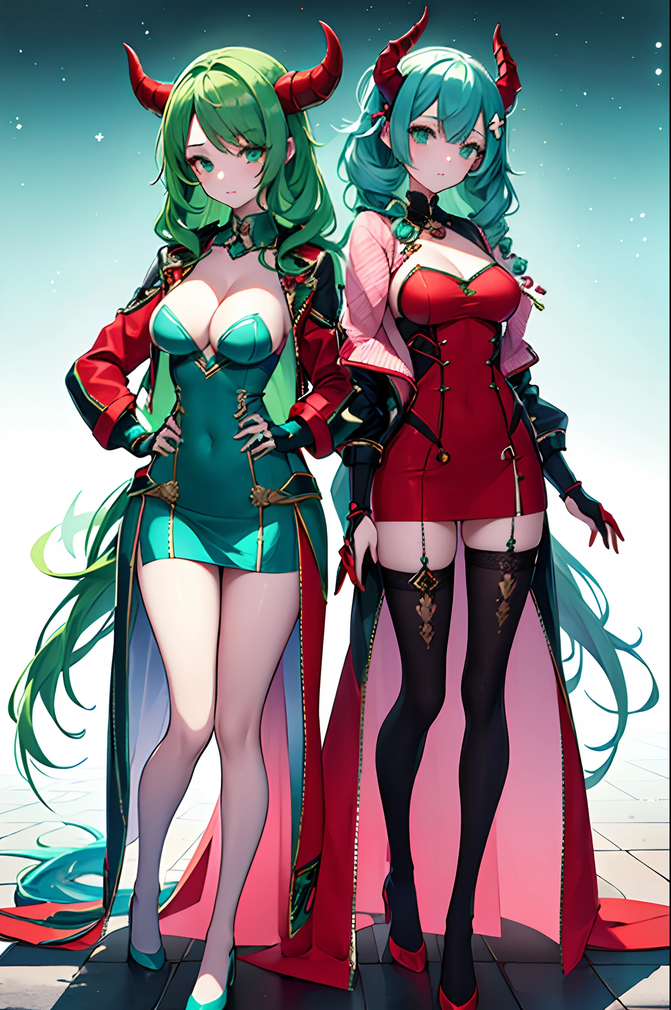 2 girls, twins, long hair, beautiful hair accessories, blue and green hair, curly red horns, stylish outfits, medium breasts, V-neck, body stocking, multicolour jacket, gorgeous girls, epic posing, realistic hands