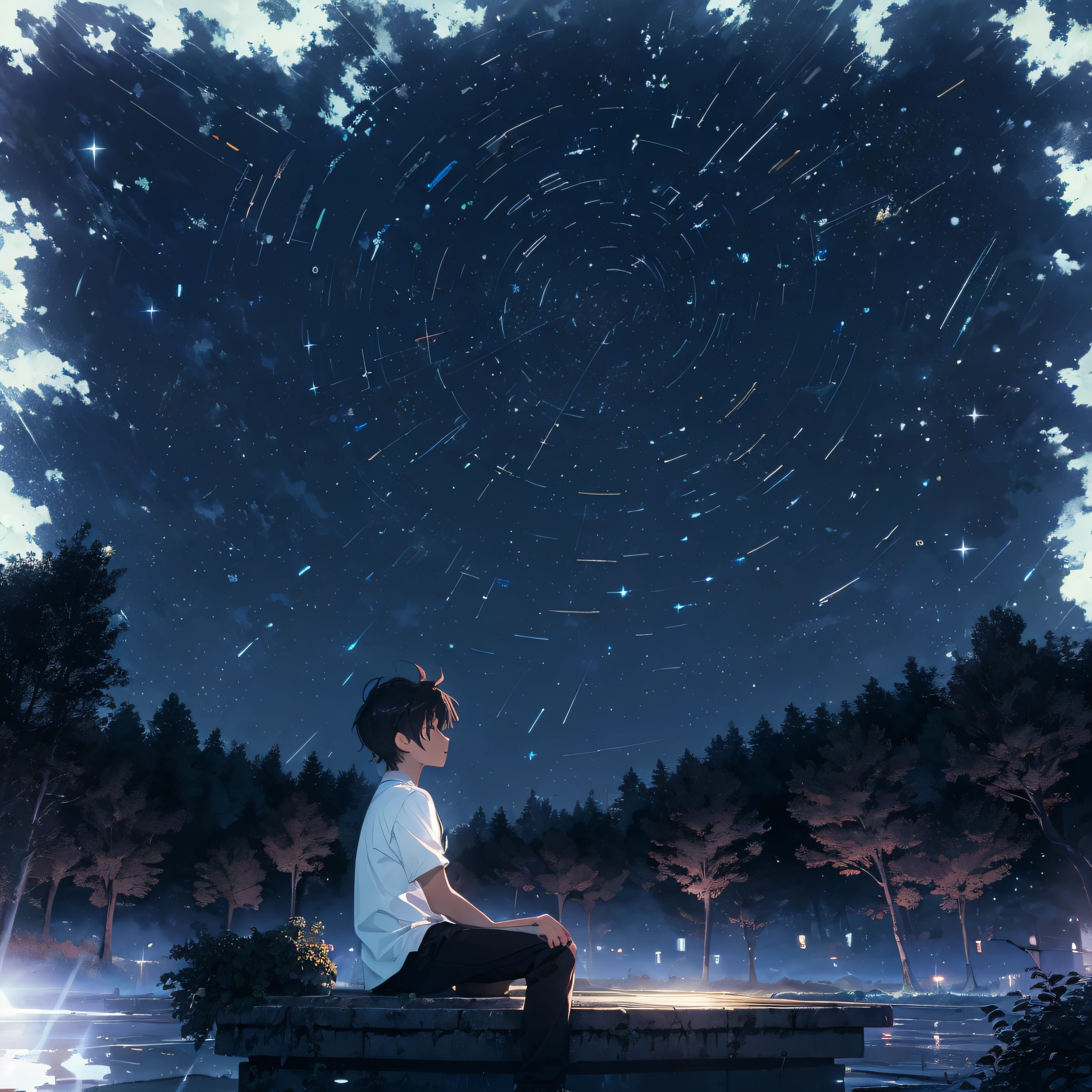 octans, sky, star (sky), scenery, starry sky, night, 1man, white shirt, black jacket, night sky, solo, outdoors, building, cloud, milky way, sitting, tree, city, silhouette, cityscape, journey.