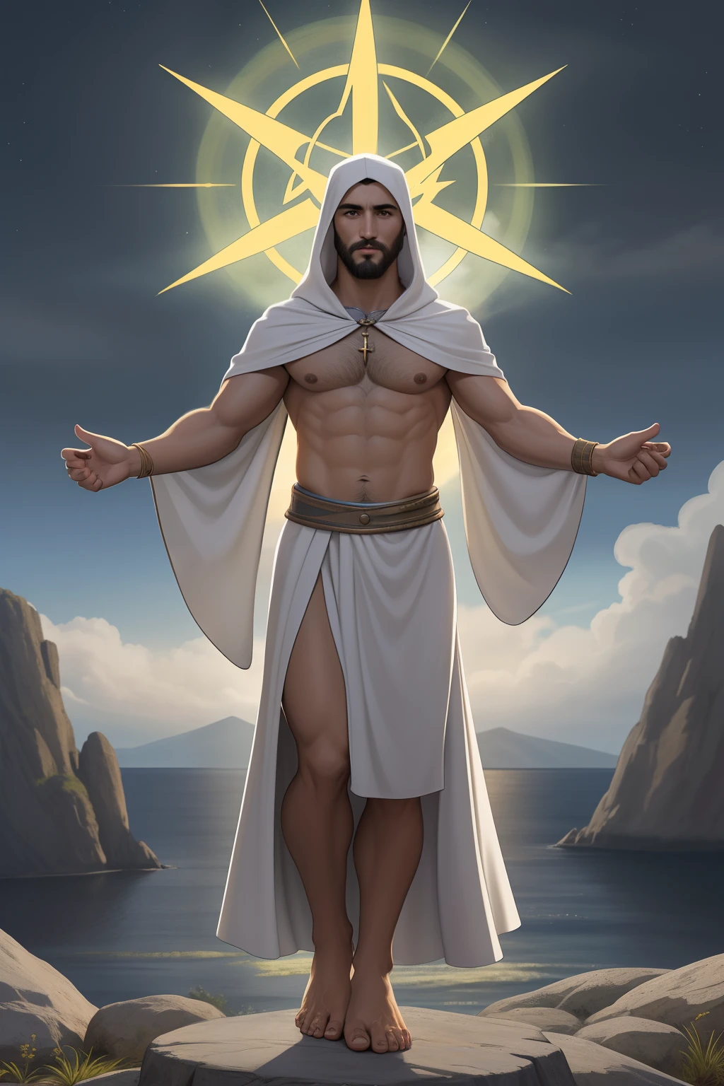 Saint Thomas the Apostle, also known as St. Thomas or, em grego, Didymus, was one of the twelve apostles originally chosen by Jesus, according to the Synoptic Gospels and the Acts of the Apostles, havendo afro cabelo caindo para frente, Rasta type but braided,tiro de corpo inteiro, Olhos firmes, olhando para frente, Lightning in the sky, arms extended, olhando para frente, parado no topo de uma montanha, manto e capa vermelhos, cruz brilhante no a , com seios bonitos, Perfect Summoning Body, Barefoot female, Levitando, Hooded robes and arms raised on a broken earth;, luz de lava brilhante de baixo do campo de asteroides (rochas irregulares, pedregulhos e detritos disparando para o com , a wide thigh is beautiful a woman, com seios lindos corpo perfeito, uma coxa larga, is beautiful a destination with ,vario expression sexual pose, erótic