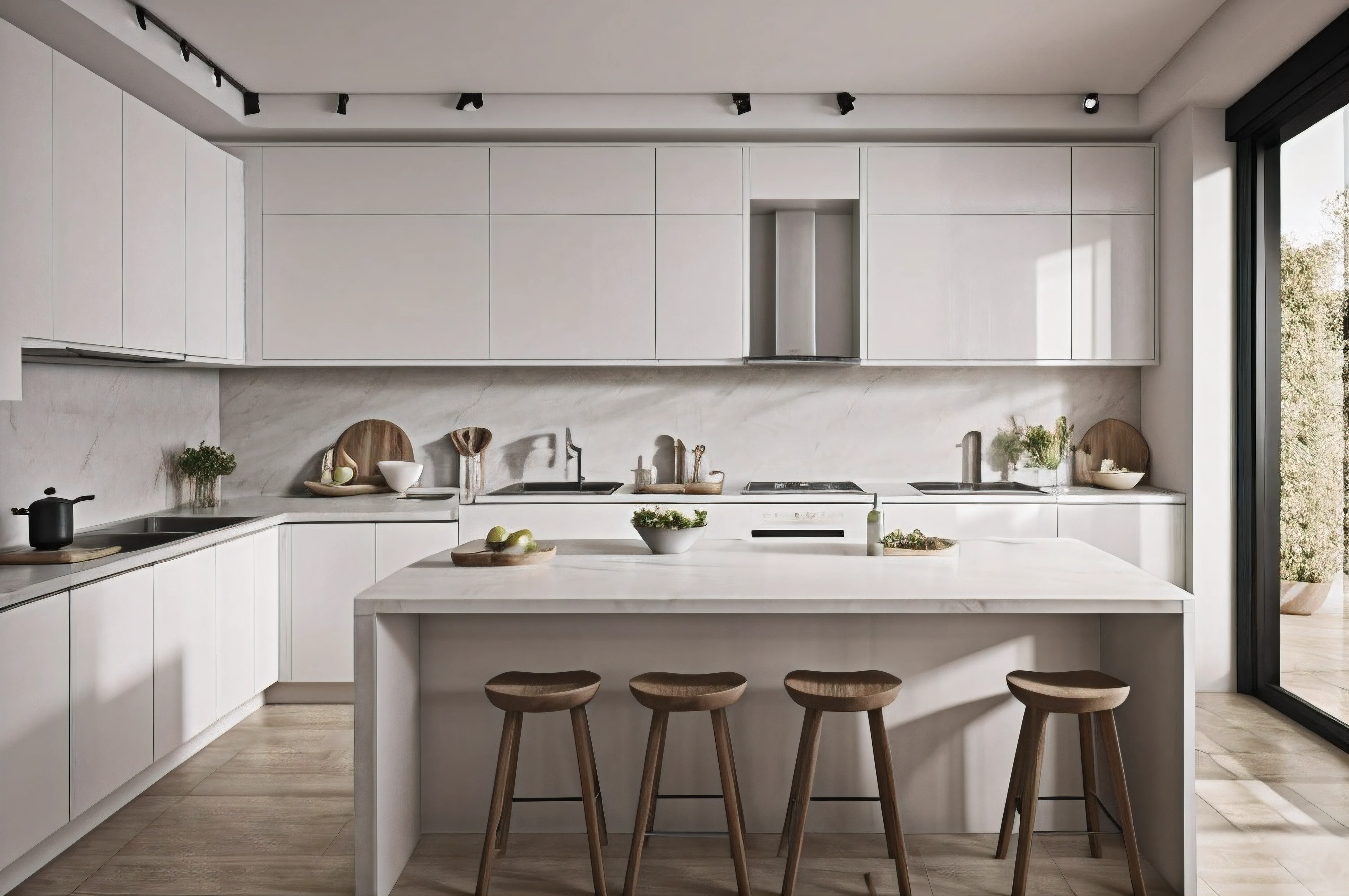 hiperrealismo, de una mueble de cocina, en primerisimo primer plano, en el fondo se observa el ambiente de cocina, sobre la mesa de cosina no hay nada, esta limpia de objetos, hiperrealista, ultrarrealismo, Detalles realistas.