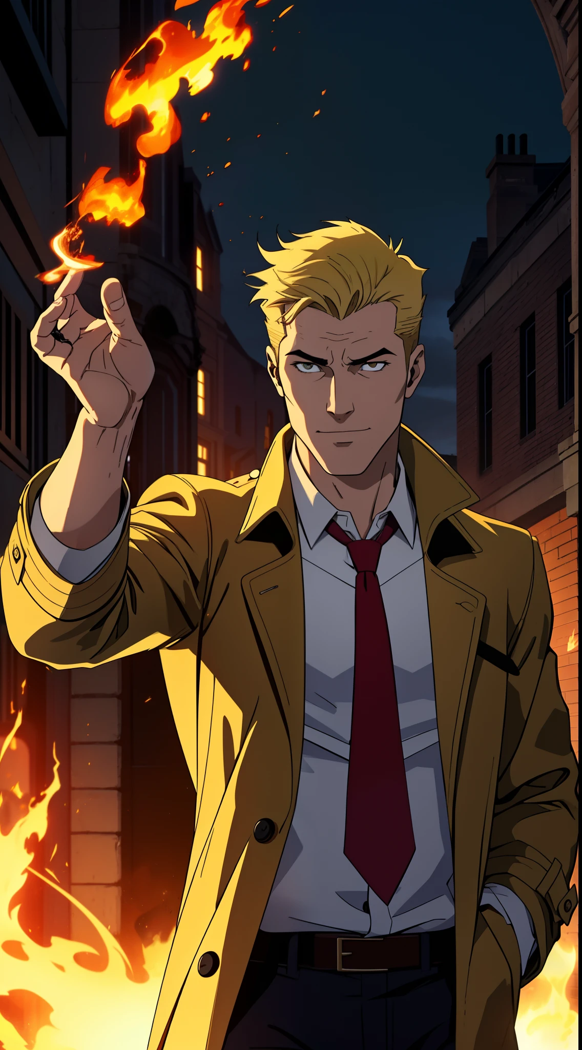 1 man, solo, John Constantine, British man, tall, lean muscle, (big long baggy faded plain yellow trench coat), red necktie, ((loose untidy white shirt)), ((black trousers)), making a fireball out of his right hand, smirks, light blond hair, crew cut hair style, hades style fire, dark Liverpool street in the background, nightime, best quality, 4k, upper body shot, wallpaper