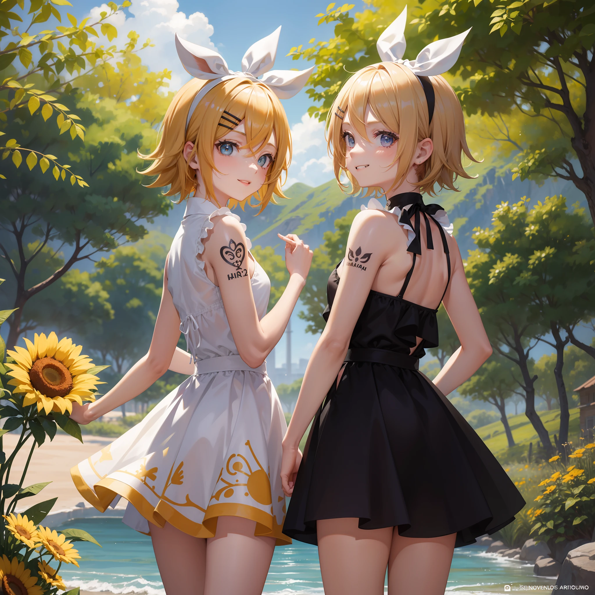 obra maestra, La mejor calidad, absurdos, Perfect anatomy, 1girl, tiernamente , Kagamine Rin, pelo corto, cinta para el cabello, Arm tattoo number 02, from the rear, verano, vestido de tierra amarillo, sode, tag, tierra, They are smiling, Looking back