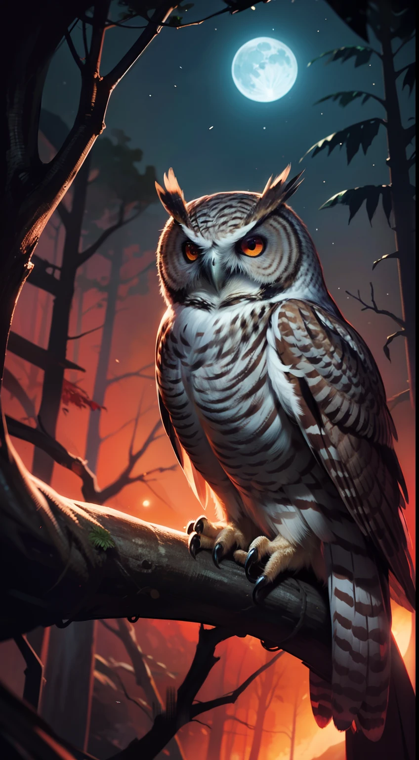 An amazing owl on the tree, red lighting eyes, in a dark jungle, cinematic, night, moonlight, high quality, 8k, super details