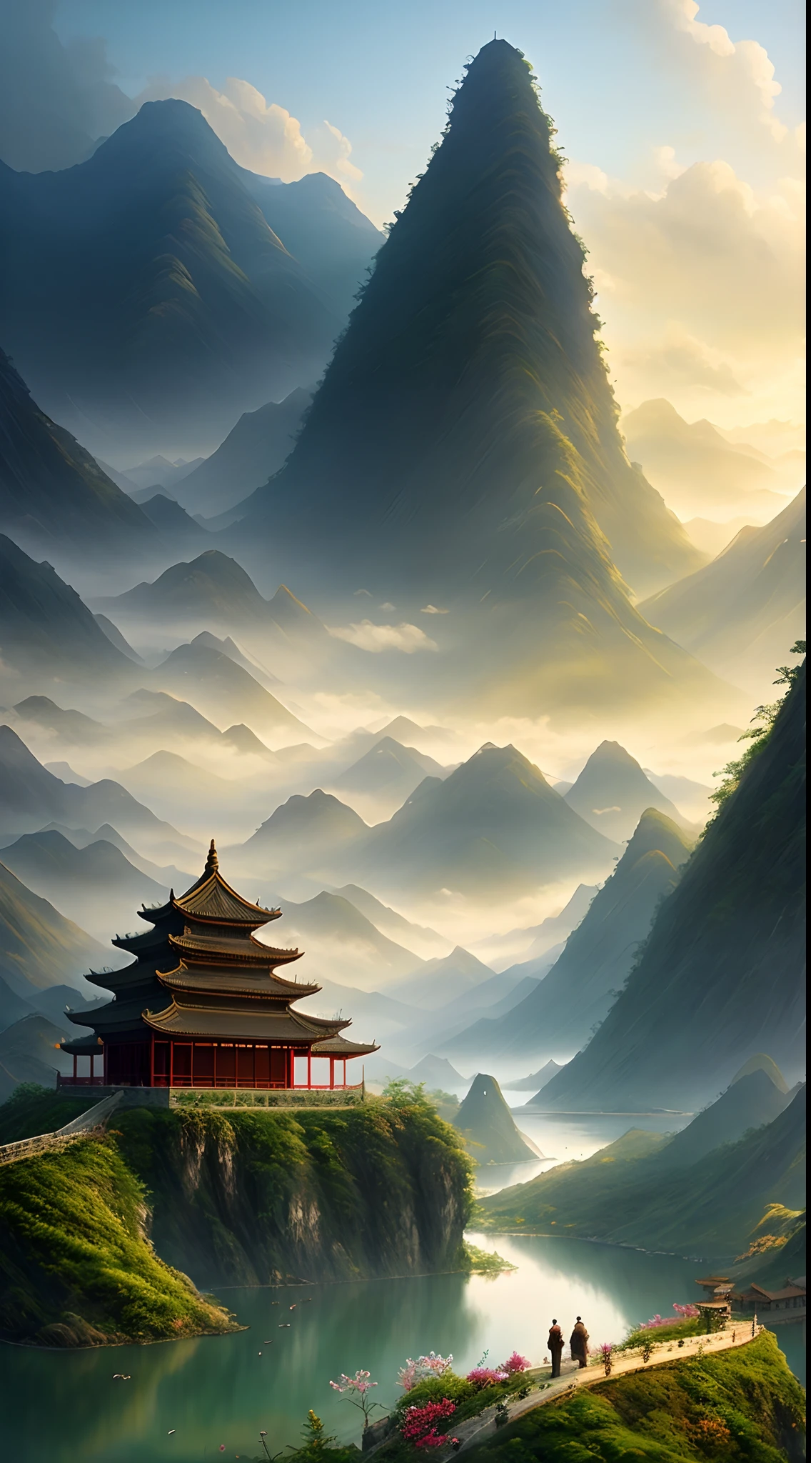 in the morning,chinese buildings on the mountains,magnificent,john Howe landscape,lake,china,dragon,clouds,farm,wlop fairy tale,light effect,dream,Greg rutkowski,artstation
