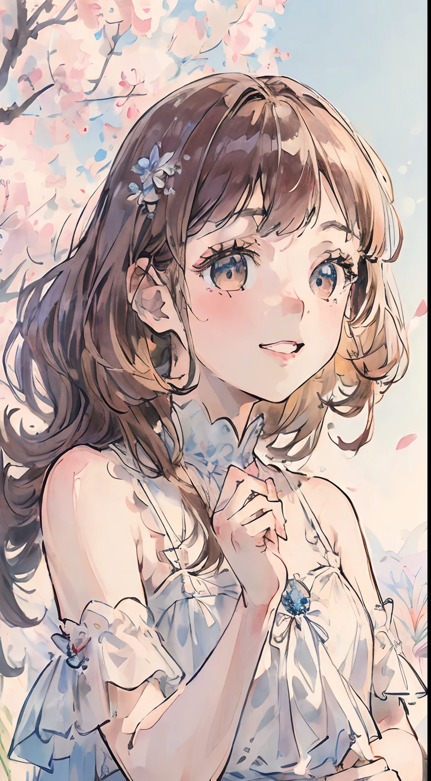 ((top-quality、8K、masterpiece:1.3))、1girl in、dual、vivid expressions、White Dress、Background blur、flower field、brawn hair、Loose and fluffy curls、a smile、