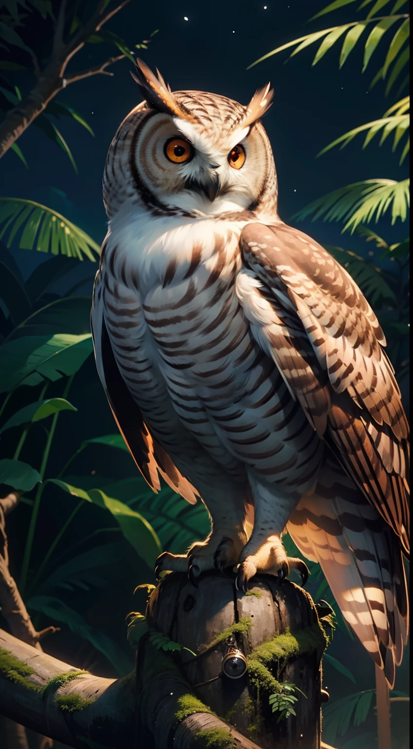 An amazing owl on the tree, red lighting eyes, in a dark jungle, cinematic, night, moonlight, high quality, 8k, super details