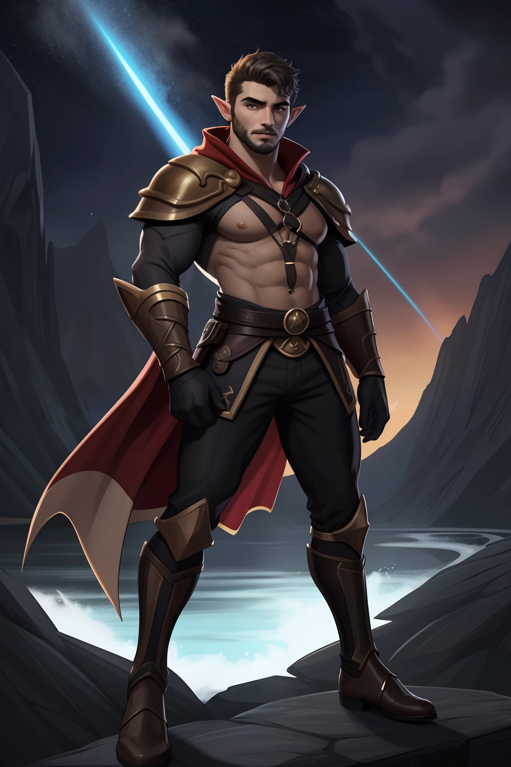 um homem com uma roupa preta em frente a uma cachoeira, personagem de fantasia complexa, personagem de fantasia hiperdetalhado, Skinny Masculino Fantasia Alquimista, guerreiro masculino, um elfo macho, personagem de fantasia digital, elfo masculino bonito, arte do personagem masculino humano, personagem de fantasia, personagem masculino, retrato masculino da fantasia, conceito de personagem de fantasia heroica, trending in the artstation, Amazing 8K full-body shot character concept art, olhos firmes, olhando para frente, lightning in the sky, arms extended, olhando para frente, parado no topo de uma montanha, manto e capa vermelhos, cruz brilhante no ar. ,arte de luz neon, No escuro da noite, Um navio alto navega pelos mares iluminados pela ,lua, Estrelas, colorido, circunstanciado, 4k
