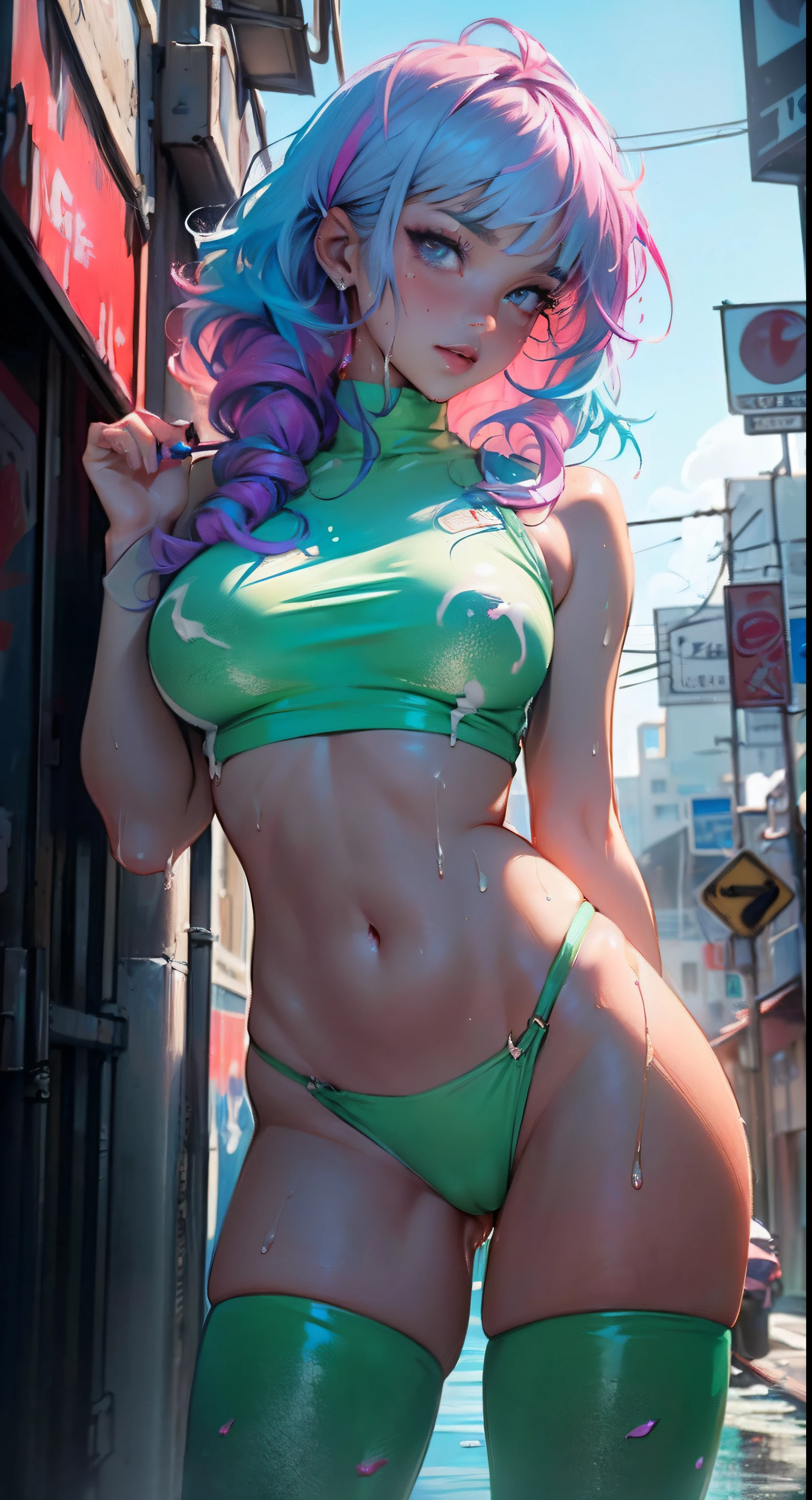 cute cartoon girl,(((1girl))),((extremely cute cartoon girl with liquid paint hair)),

(large breasts:1.4),(((very long hair,absurdly long hair,liquid paint hair:1.1,neon purple hair|neon pink hair|neon blue hair|neon aqua hair|purple hair|fuchsia hair|fluorescent blue hair|amethyst hair|neon hair|bright pink hair :1.5,bright hair: 1.3,hair made of paint and defies gravity,thick flowing,paint splatter:1.3,shiny hair: 1.3,vibrant colored hair))),((heterochromia:1.5,eye1 purple,eye2 pink,upturned eyes:1.3,perfect eyes,beautiful detailed eyes,finely detailed beautiful eyes:1,symmetrical eyes:1)),((fat)),(((lustrous skin:1.5,bright skin: 1.5,skin tanned,shiny skin,very shiny skin,shiny body,plastic glitter skin,exaggerated shiny skin,illuminated skin,wet legs))),(spider lower abdomen,narrow waist,wide hip,athletic body,inflated legs,delicate detailed fingers,detailed body,human hands,(detailed face)),

cute,slutty,seductive,erotic,(((nsfw)))

(((liquid paint clothes,clothes made of liquid paint))),underboob,with liquid paint micro clothes,body paint,dripping paint,liquid pain tiny thong,bare legs,((wet liquid paint clothes,detailed outfit,detailed liquid paint clothes)),

(dynamic pose:1.0),solo focus,embarrassed,(centered,scale to fit dimensions,Rule of thirds),

cyberpunk city by the ocean at night, with bright neon signs and dark stormy clouds and puddles,

High resolution, sharp focus, (ultra detailed, extremely detailed), (photorealistic artwork:1.37), 8k wallpaper,((synthwave background theme)),((vibrant colors)),(intricate),masterpiece,(best quality),