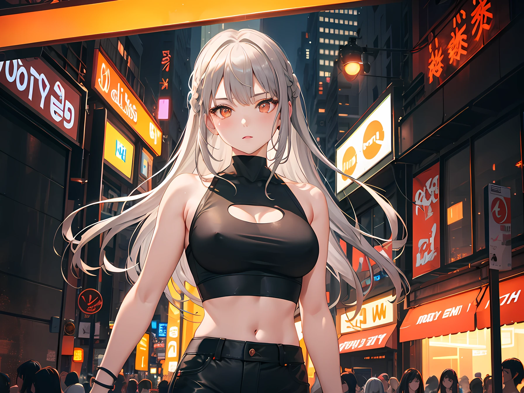 masterpiece, best quality, beautiful lighting, 1 girl, gray hair, orange eyes, crop top, tight black pants, looking around, night, city, neon lights, neon signs, ray tracing, solo, (upper body:1.1)