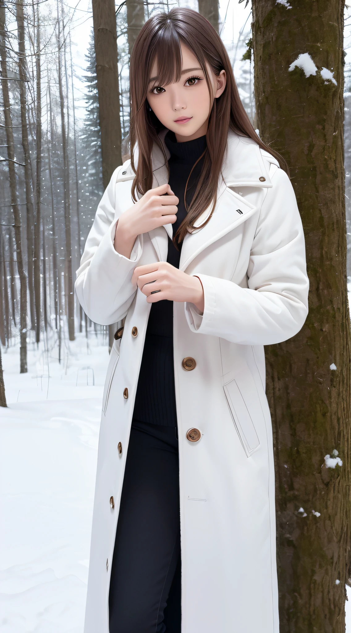 1womanl, up of face, light brown hair, Blunt bangs, hair behind ear, hair over shoulder, Long hair, slender body shape, Ultra Fine Face, Thin face, Delicate lips, Beautiful eyes, thin blush, eyes are light brown,View here, Ultra-thin hands, Ultra-fine fingers, best ratio four finger and one thumb, (realisitic:1.3), white longcoat, muffler , gloves、Coniferous forest with heavy snowfall, It's snowing  .One-person viewpoint,  8K, masutepiece, nffsw, Super Detail, High quality, Best Quality, hight resolution,
