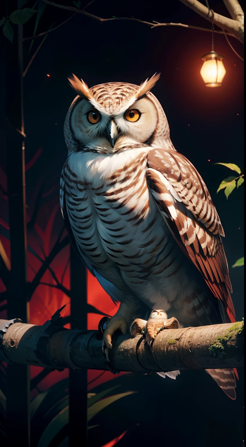 An amazing owl on the tree, red lighting eyes, in a dark jungle, cinematic, night, moonlight, high quality, 8k, super details