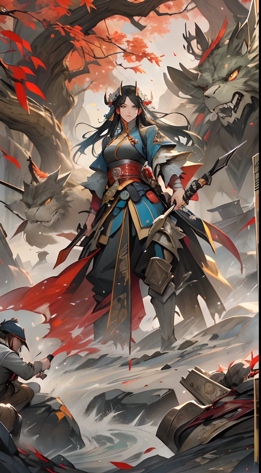 Qiong Xiong suggests giving up peace talks and retreating to claim the exclusive spirit spring, but Yuan Jie refuses this proposal. They argue fiercely on the battlefield, with serious expressions and determined eyes, a war-torn battlefield and flowing blood in the background, , 32k, best quality, masterpiece, super detail, high details,