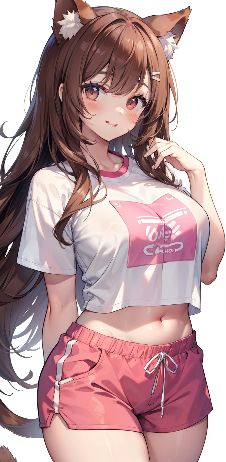 (sketch drawing), (close up), (adult body), ((mouth, smiling, lips)), (chest a little big), (thick legs), (large thighs), (pink cheeks), ( white t-shirt), (showing belly), (perfect belly), (gym shorts), (brown cat ears), (Beautiful cat ears), (brown hair), (brown eyes), (poking one eye), (tongue out), (long straight hair loose), (bangs), (details in the strands), (white background),