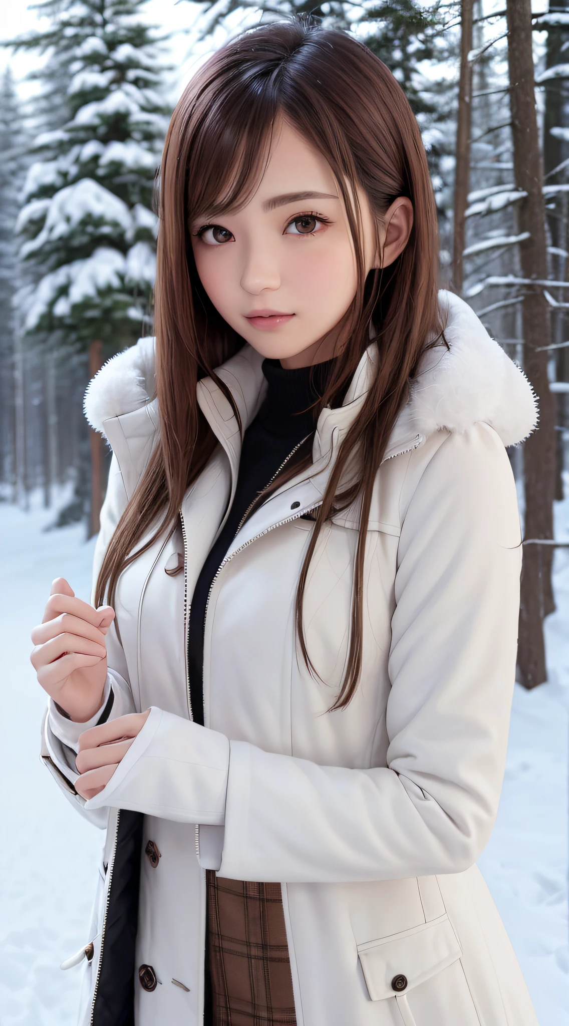 1womanl, up of face, light brown hair, Blunt bangs, hair behind ear, hair over shoulder, Long hair, slender body shape, Ultra Fine Face, Thin face, Delicate lips, Beautiful eyes, thin blush, eyes are light brown,View here, Ultra-thin hands, Ultra-fine fingers, best ratio four finger and one thumb, (realisitic:1.3), white longcoat, muffler , gloves、Coniferous forest with heavy snowfall, It's snowing  .One-person viewpoint,  8K, masutepiece, nffsw, Super Detail, High quality, Best Quality, hight resolution,