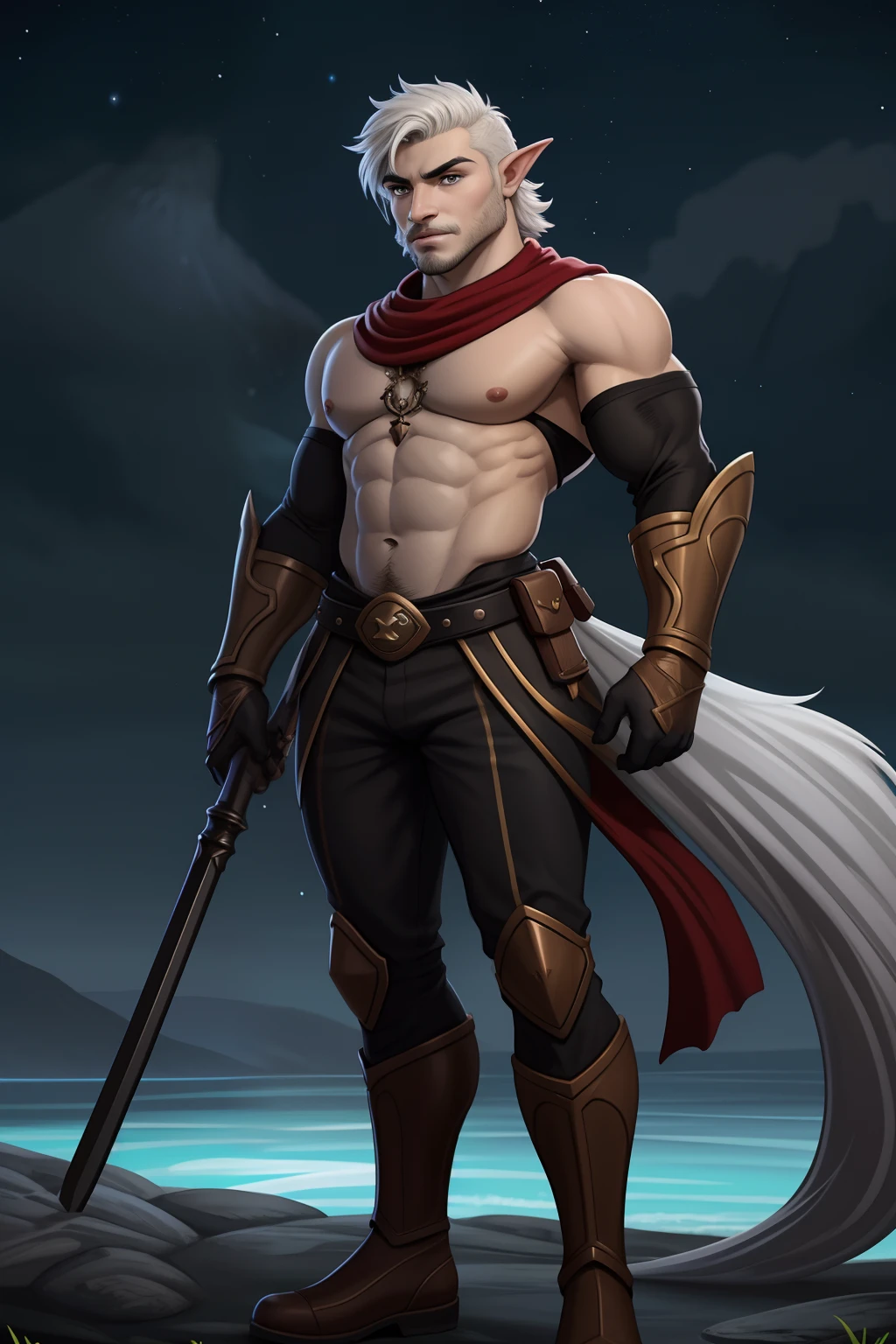 um homem com uma roupa preta em frente a uma cachoeira, personagem de fantasia complexa, personagem de fantasia hiperdetalhado, Skinny Masculino Fantasia Alquimista, guerreiro masculino, um elfo macho, personagem de fantasia digital, elfo masculino bonito, arte do personagem masculino humano, personagem de fantasia, personagem masculino, retrato masculino da fantasia, conceito de personagem de fantasia heroica, trending in the artstation, Amazing 8K full-body shot character concept art, olhos firmes, olhando para frente, lightning in the sky, arms extended, olhando para frente, parado no topo de uma montanha, manto e capa vermelhos, cruz brilhante no ar. ,arte de luz neon, No escuro da noite, Um navio alto navega pelos mares iluminados pela ,lua, Estrelas, colorido, circunstanciado, 4k