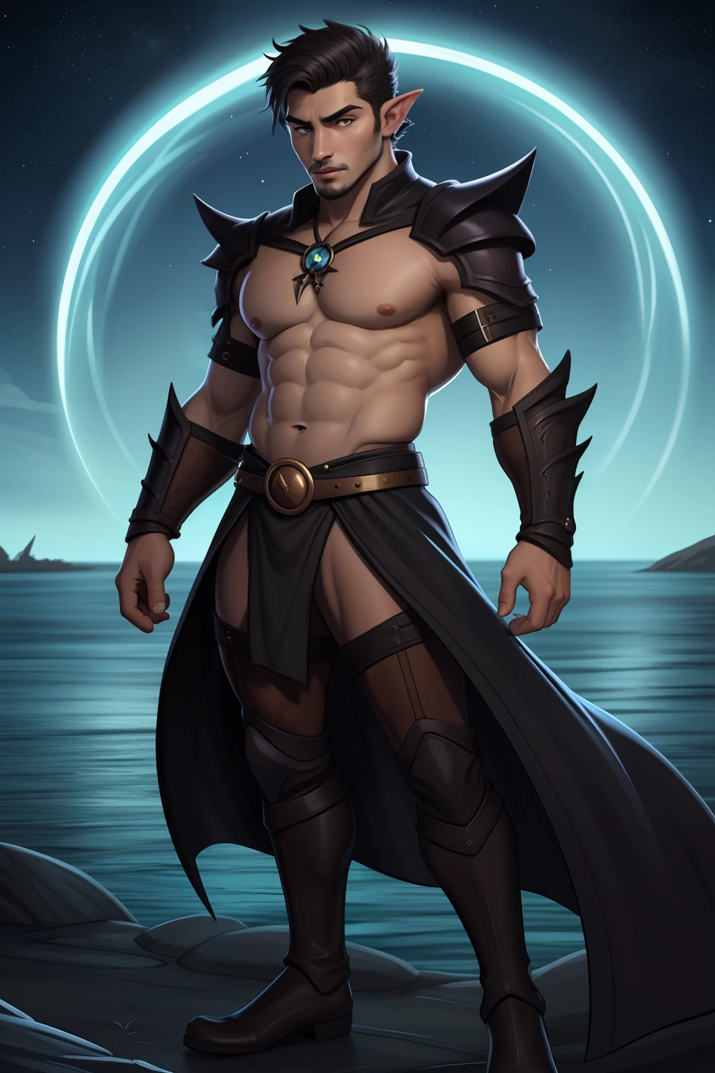 um homem com uma roupa preta em frente a uma cachoeira, personagem de fantasia complexa, personagem de fantasia hiperdetalhado, Skinny Masculino Fantasia Alquimista, guerreiro masculino, um elfo macho, personagem de fantasia digital, elfo masculino bonito, arte do personagem masculino humano, personagem de fantasia, personagem masculino, retrato masculino da fantasia, conceito de personagem de fantasia heroica, trending in the artstation, Amazing 8K full-body shot character concept art, olhos firmes, olhando para frente, lightning in the sky, arms extended, olhando para frente, parado no topo de uma montanha, manto e capa vermelhos, cruz brilhante no ar. ,arte de luz neon, No escuro da noite, Um navio alto navega pelos mares iluminados pela ,lua, Estrelas, colorido, circunstanciado, 4k