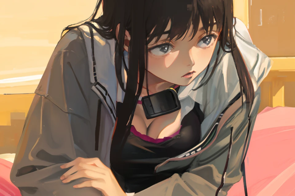 Young girl standing in large size t-shirt, bending forward, hands on knees, breasts of young girl with bra visible through collar. Fingers spreading collar, open collar, cleavage, chest zoomed in