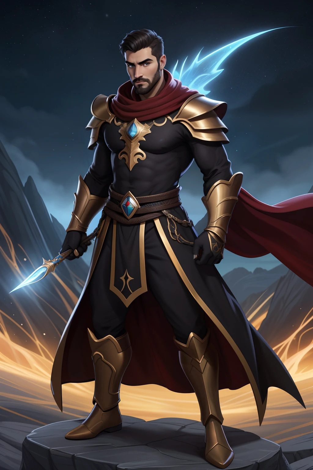 um homem com uma roupa preta em frente a uma cachoeira, personagem de fantasia complexa, personagem de fantasia hiperdetalhado, Skinny Masculino Fantasia Alquimista, guerreiro masculino, um elfo macho, personagem de fantasia digital, masculino bonito, arte do personagem masculino humano, personagem de fantasia, personagem masculino, retrato masculino da fantasia, conceito de personagem de fantasia heroica, trending in the artstation, Amazing 8K full-body shot character concept art, olhos firmes, olhando para frente, lightning in the sky, arms extended, olhando para frente, parado no topo de uma montanha, manto e capa vermelhos, cruz brilhante no ar. ,arte de luz neon, No escuro da noite, Um navio alto navega pelos mares iluminados pela ,lua, Estrelas, colorido, circunstanciado, 4k