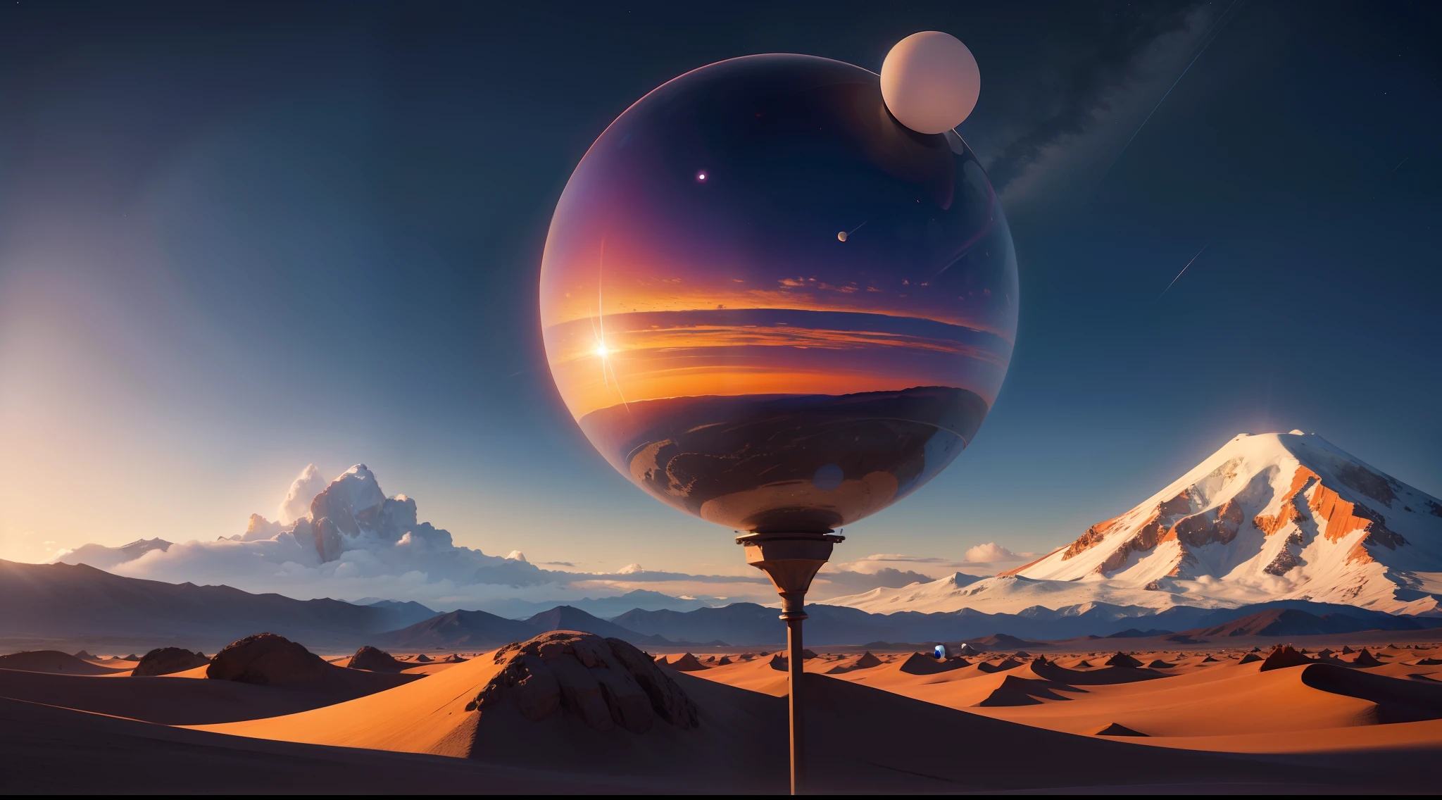 sighting of silver spherical fani, floating in the air, seen in the sky above the horizon, in the Atacama desert, rocky mountains, warm colors, hyper-realistic