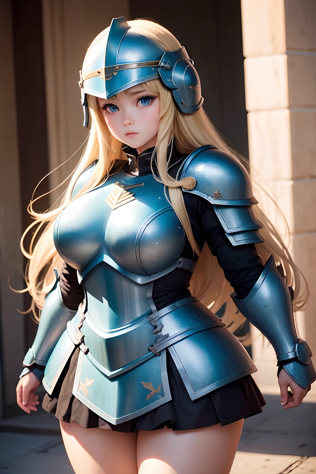 a beauty girl、a junior high school student、Blonde blue-eyed、plump、Muchimuchi、Plump、Blue Armoured Soldier Cosplay、Blue helmet on the head、Blue armor on the legs、Blue armor is about to pop