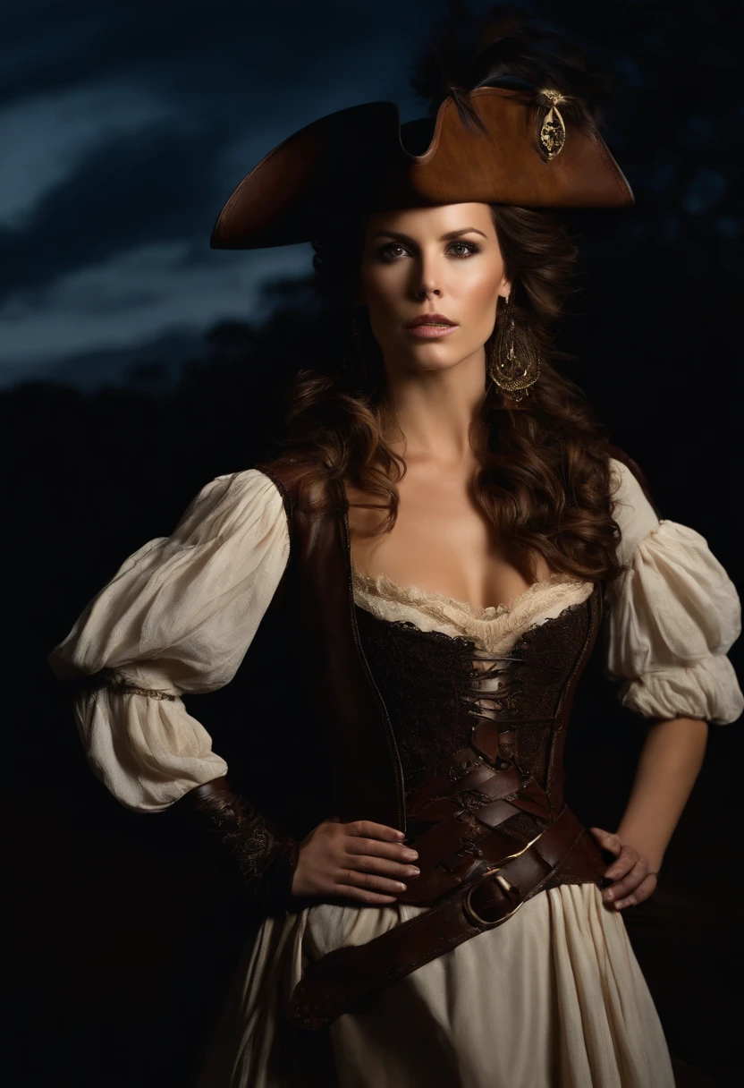 hair, penetrating gaze, furrowed eyebrows, serious look, looking at the viewer, close-up on the woman's face beautiful Kate Beckinsale, wearing antique costume, brown leather tricorne, tricorne on her head, tricorne covering her forehead, pirate tricorne, pirate style outfit, brown leather bodice, dynamic, highly detailed,
long-sleeved shirt, brown long-sleeved shirt, long brown shirt, two belts crossing the girl's torso, bandolier forming an x, red scarf around the neck, bullet belt, red scarf around the neck, leather belt crossed at the waist, dark night , dark night, crescent moon behind the beauty, Kate Beckinsale, crescent moon behind the beautiful girl, cinematic lighting, horror scene. dark night, dark sky, sky with black clouds