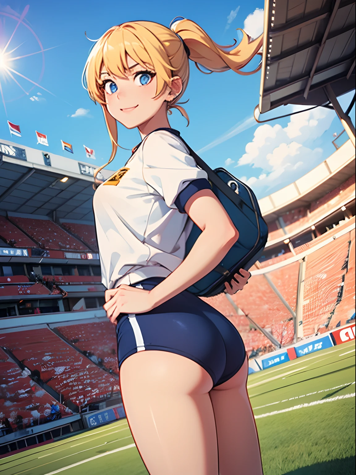 masterpiece, best quality, lens flare, depth of field, (wide shot, fisheye:0.85), 1girl, standing, long blonde hair, ponytail, hair tie, blue eyes, serious, smile, high school girl, gym uniform, blue buruma, looking at viewer sunny, blue sky, cloudy sky, japanese high school, stadium