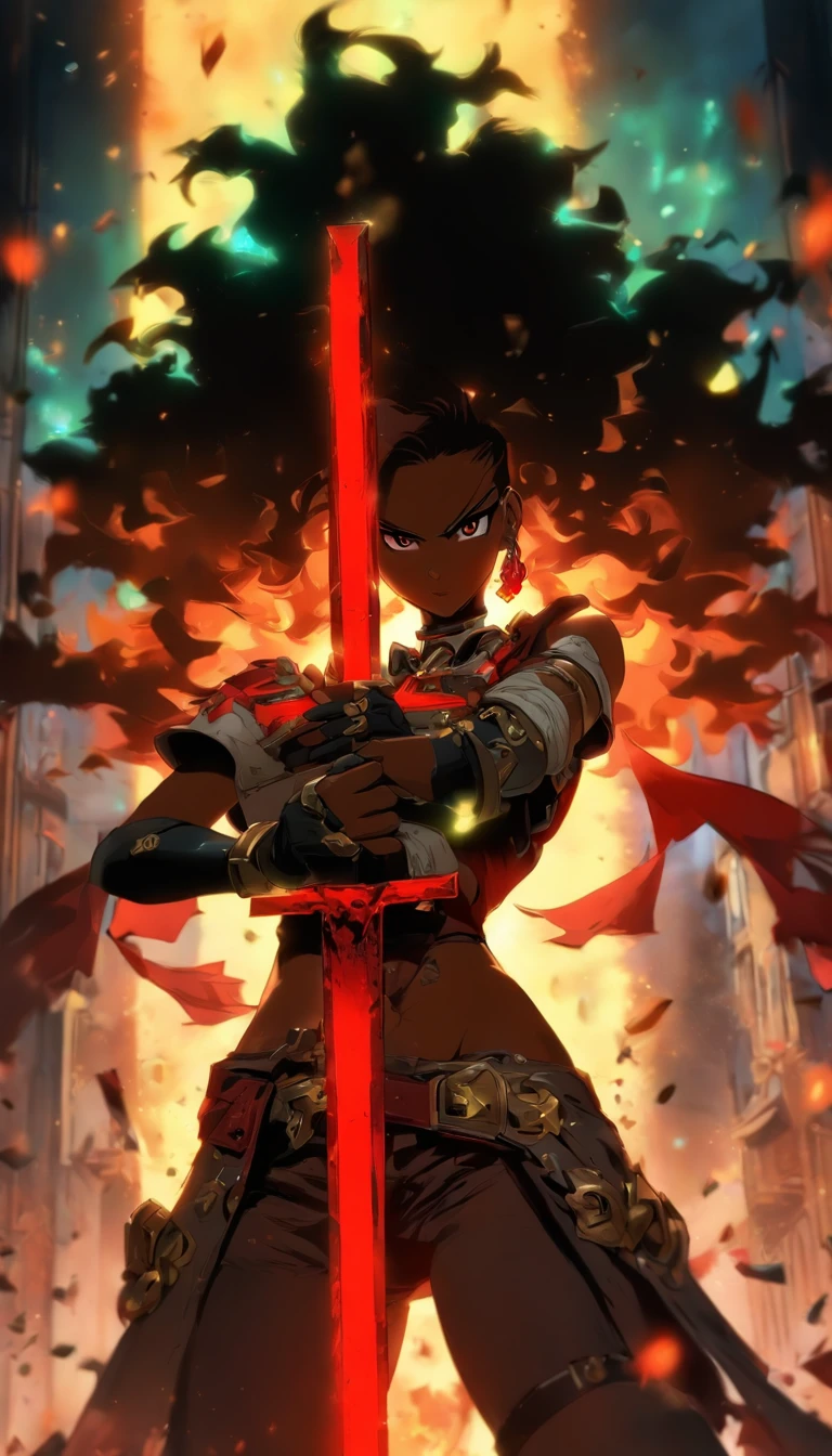 **Connie Maheswaran, Exalted Knight uniform. Azure short elbow-length cape, pants, and robe with a black cross-like cloth piece trimmed with red, golden buttons covering their lower chest and reaching their knees. Azure fingerless gloves and matching boots. Her plate belt buckle with the word 'Valor' engraved on it. Usually so bright, now stained with grime, dust and blood,crucified on a makeshift cross of rubble and metal. Her blade through her stomach, pipes through palms and knees, pipe bent around her neck forcing her to look forward as blood ran for her lips:3 guilty gear, Steven universe, masterpiece, ultra-detailed, best quality