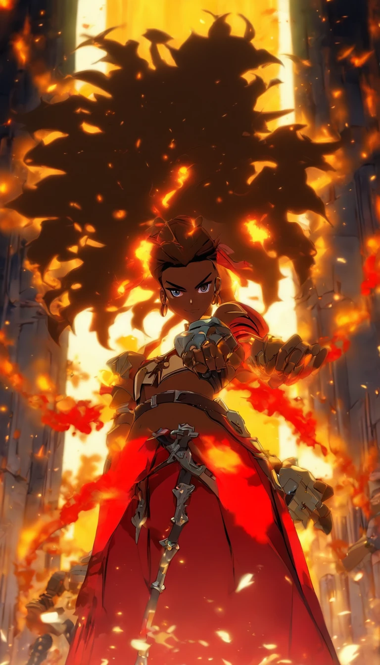 **Connie Maheswaran, Exalted Knight uniform. Azure short elbow-length cape, pants, and robe with a black cross-like cloth piece trimmed with red, golden buttons covering their lower chest and reaching their knees. Azure fingerless gloves and matching boots. Her plate belt buckle with the word 'Valor' engraved on it. Usually so bright, now stained with grime, dust and blood,crucified on a makeshift cross of rubble and metal. Her blade through her stomach, pipes through palms and knees, pipe bent around her neck forcing her to look forward as blood ran for her lips:3 guilty gear, Steven universe, masterpiece, ultra-detailed, best quality