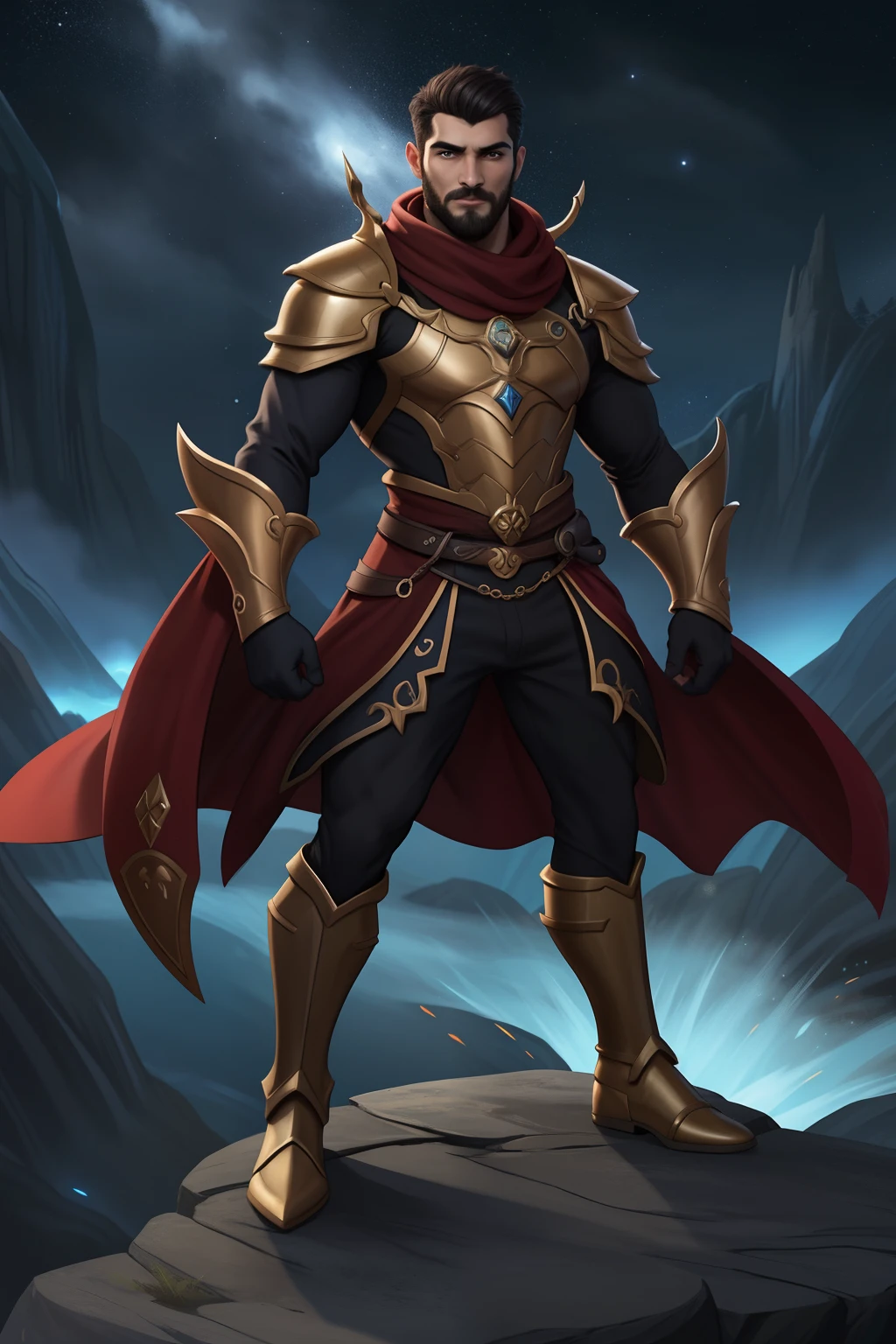 um homem com uma roupa preta em frente a uma cachoeira, personagem de fantasia complexa, personagem de fantasia hiperdetalhado, Skinny Masculino Fantasia Alquimista, guerreiro masculino, um elfo macho, personagem de fantasia digital,  masculino bonito, arte do personagem masculino humano, personagem de fantasia, personagem masculino, retrato masculino da fantasia, conceito de personagem de fantasia heroica, trending in the artstation, Amazing 8K full-body shot character concept art, olhos firmes, olhando para frente, lightning in the sky, arms extended, olhando para frente, parado no topo de uma montanha, manto e capa vermelhos, cruz brilhante no ar. ,arte de luz neon, No escuro da noite, Um navio alto navega pelos mares iluminados pela ,lua, Estrelas, colorido, circunstanciado, 4k