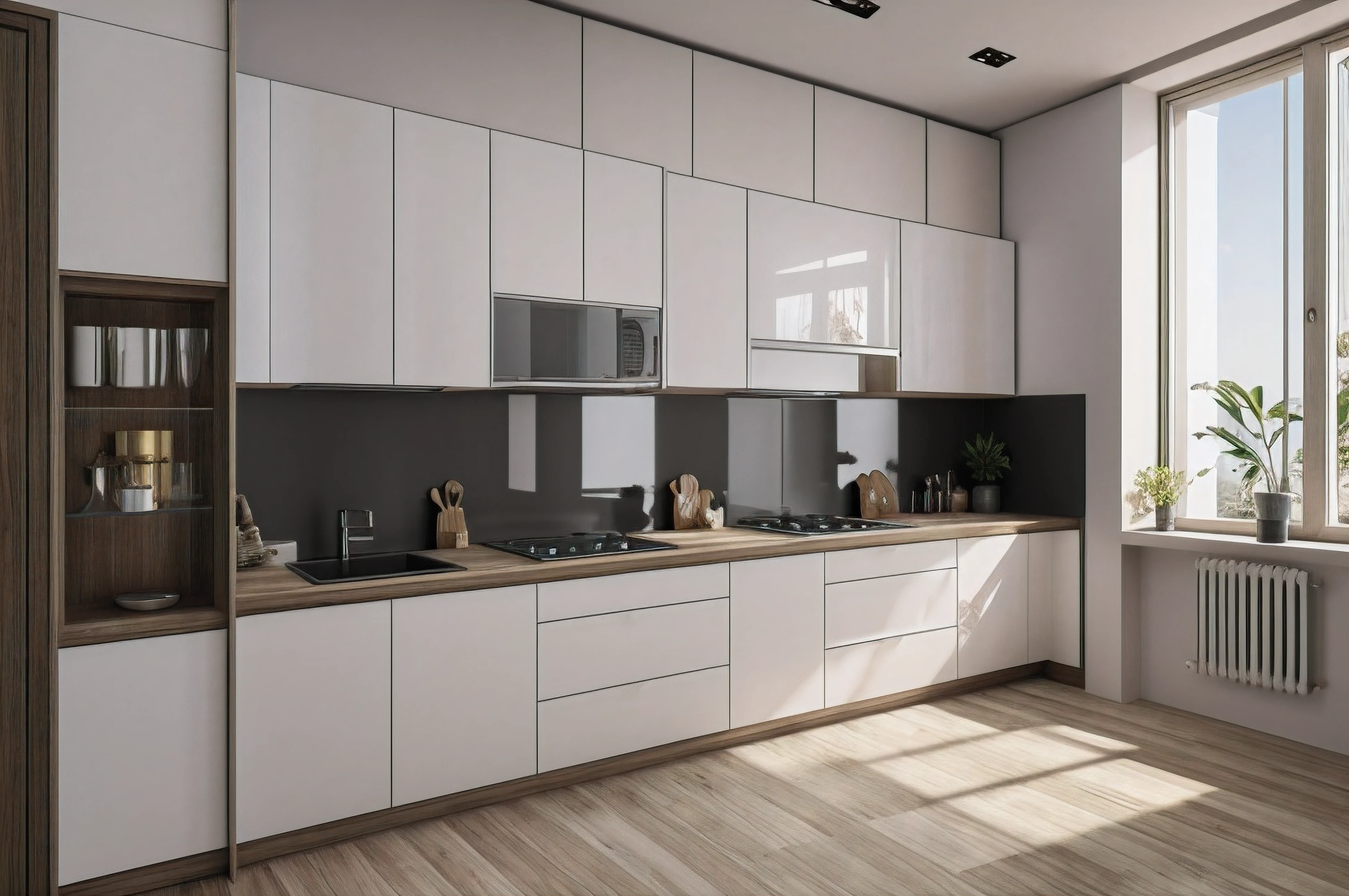dormitorio de estilo moderno, fotorrealista, 8k, hiperrealismo, de una mueble de cocina, en primerisimo primer plano, en el fondo se observa el ambiente de cocina, sobre la mesa de cosina no hay nada, esta limpia de objetos, hiperrealista, ultrarrealismo, Detalles realistas.