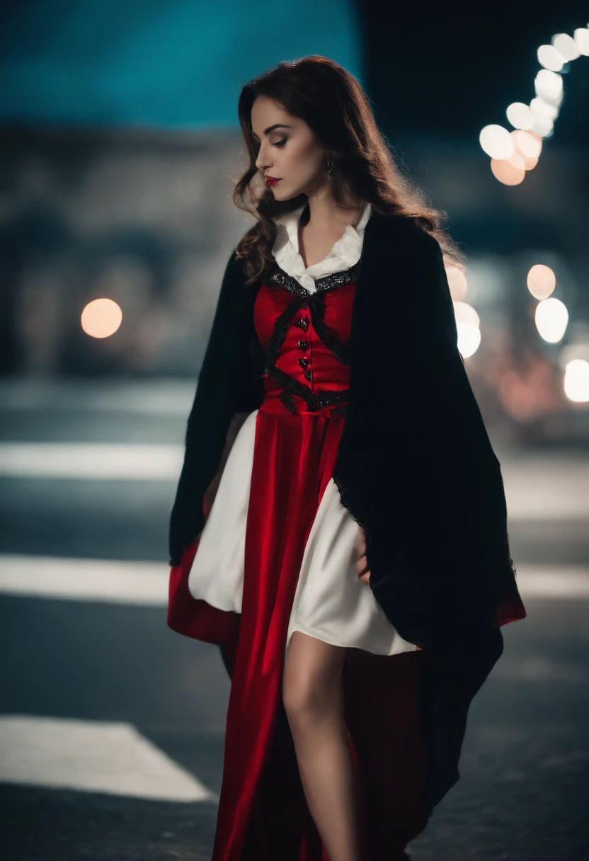 (best qualtiy,tmasterpiece), 1girl, Beautiful young girl, Raised sexy, period costume, short skirt, show legs, the night, starrysky, cold light, (in black and red, cyan colors, white colors), ((full body))