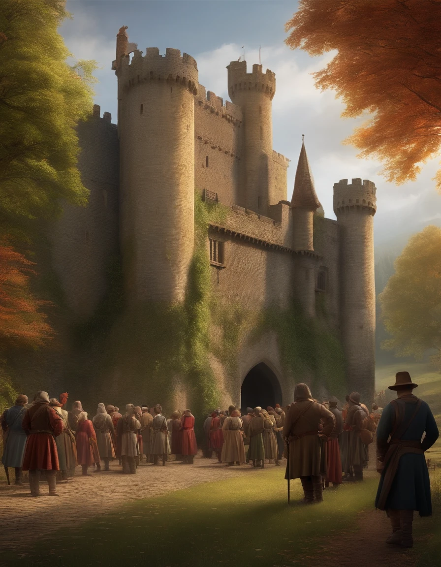 medieval English castle with peasant workers queuing up outside the castle walls