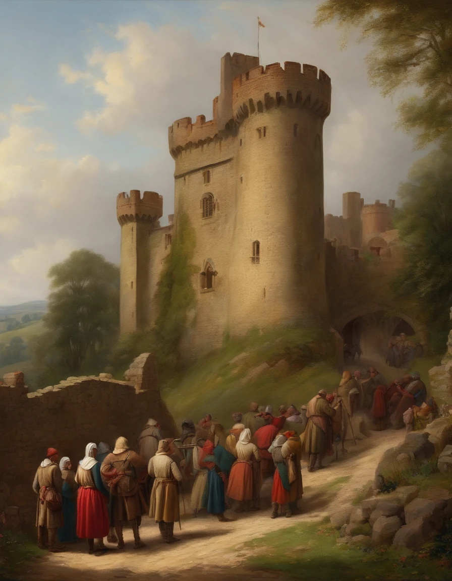 medieval English castle with peasant workers queuing up outside the castle walls