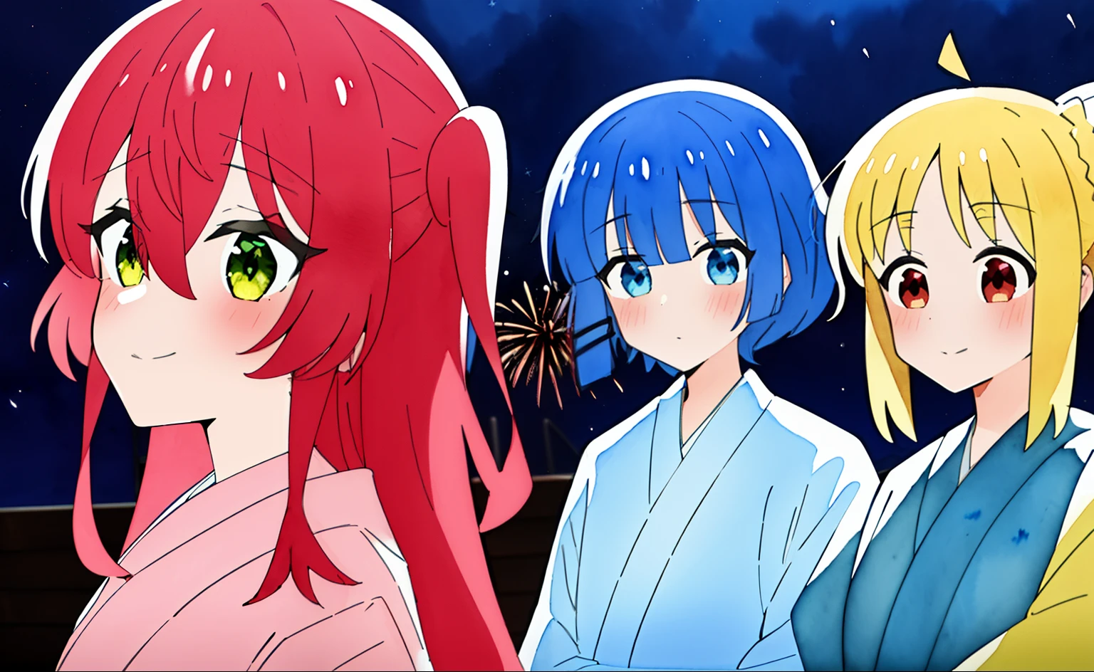 blue clothes (3girls), (KitaIkuyo Bocchi IjichiNijika), ((ink, watercolor)), in kimono very close to each other, on wood platform under anime firework in night sky, cowboy shot with hands, [detailed face with beautiful eyes], blue hair, yellow hair, red hair, pink hair, cinematic angle, intricate detail background , anime coloring, 4K highres wallpaper