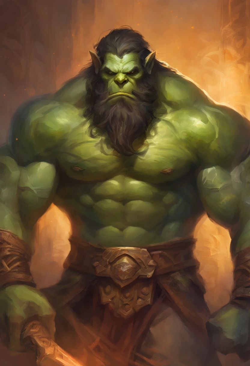 face of a muscle orc man, manly, very long beard, green skin, square jaw, muscular, very strong, hairy chest, manly, muscular, tusks, big tusks