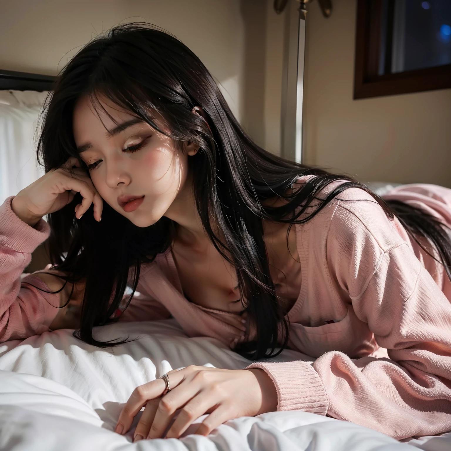 hightquality, masutepiece, 1girll,best qualtiy，Bedroom at night, window, Night outside the window, closed her eyes，The time is 24 hours, Are sleeping，Don't look at the lens，lie on one's side，face perfect，there is a woman that is laying down in a bed，Large pillow, A dark-haired, ，beautiful a girl, Soft interior lighting, Black hair girl with long hair, Luxurious pajamas,